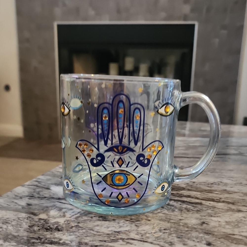 Mystical Blue Hamsa, Evil Eye Embellished Glass Mug